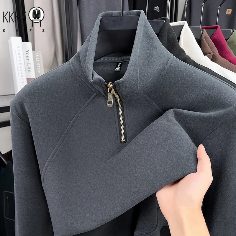 Men's Velvet Hoodie Long Sleeve High Collar Zipper T-Shirt Solid Color Casual Fashion Autumn Winter Versatile Top