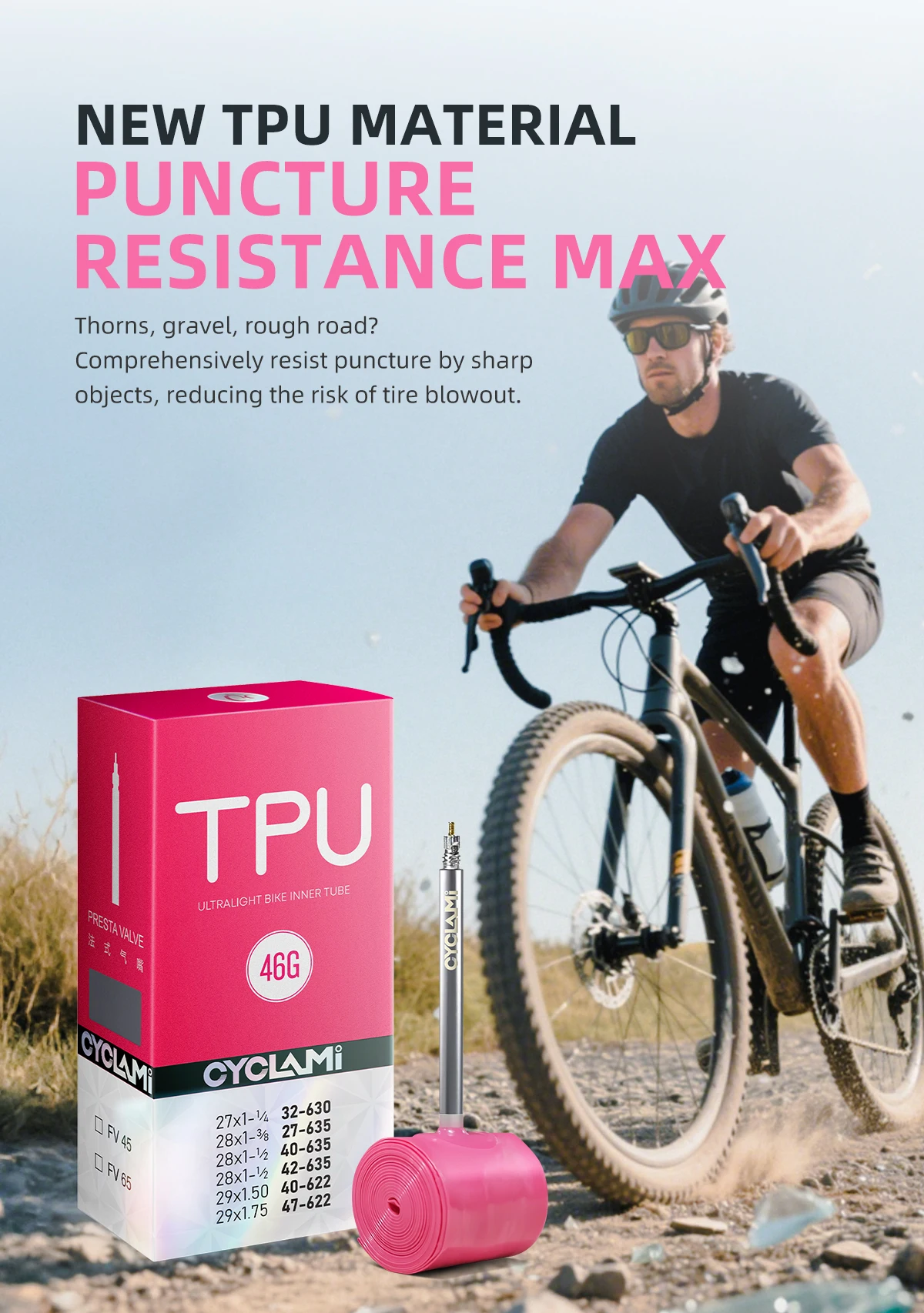 CYCLAMI Ultraleichter Fahrradschlauch 46g für Gravel 700C X 32C 35C 37C 40C 47C Rennrad MTB29 Fahrrad TPU-Material Reifenlänge FV 45mm – Detail 3