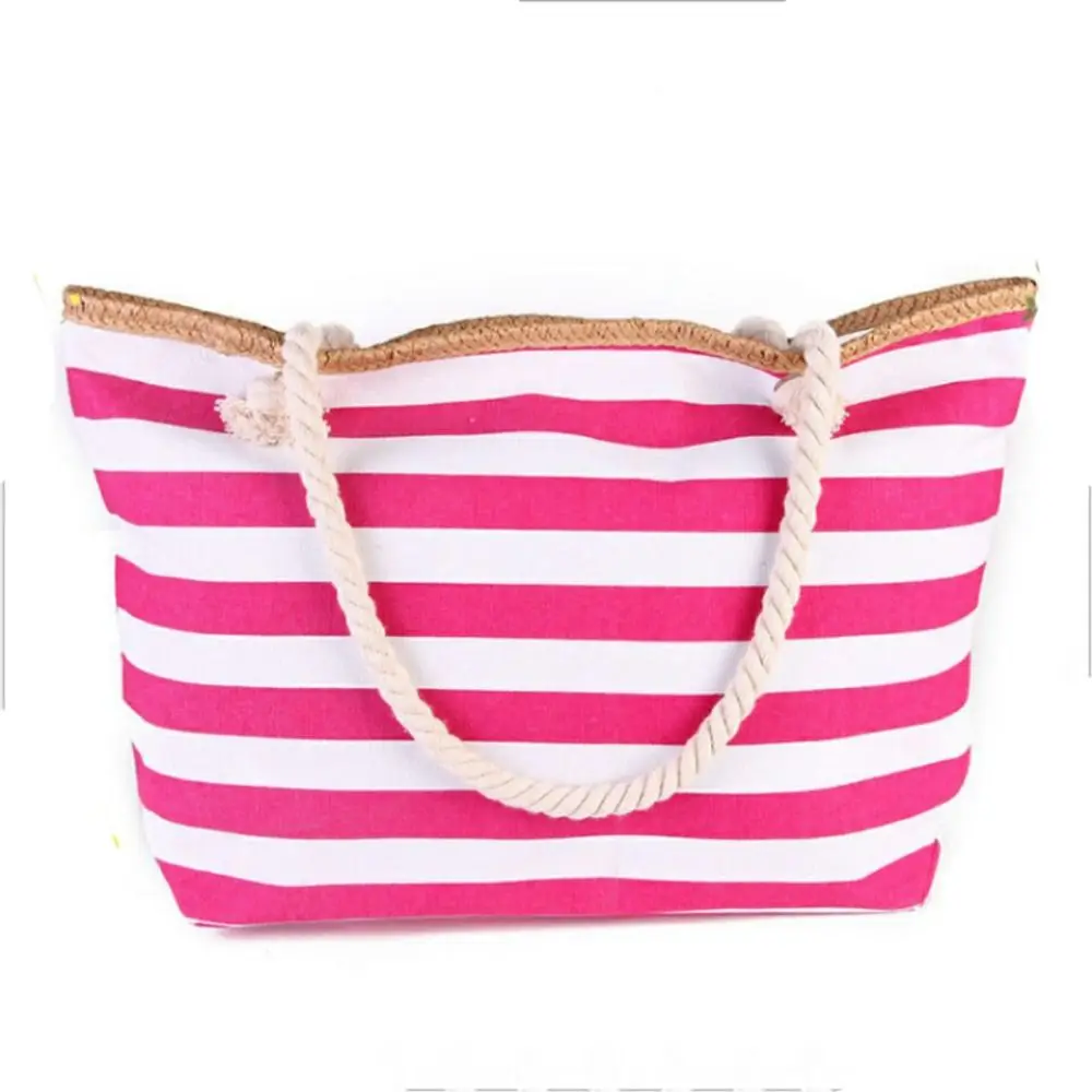 

Canvas Women Striped Handbag New Hit Color Large Capacity Travel Shopping Bag Zipper Casual Tote Bag