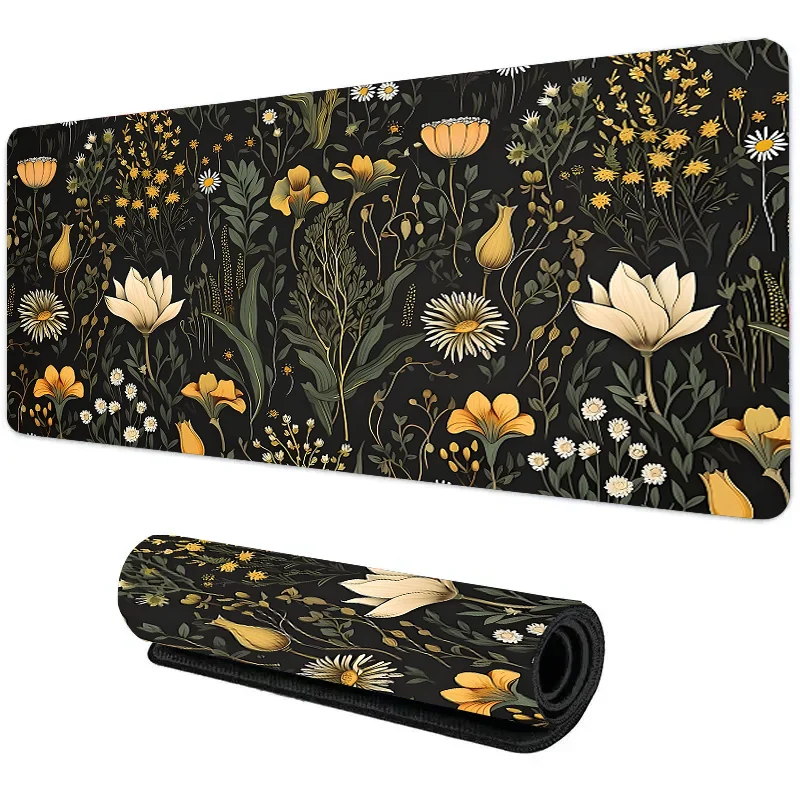 Botanisches Mauspad mit grünen Blumen und Pflanzen, großes Schreibtischunterlage, rutschfestes Gaming-Zubehör, Mauspad, genähte Kanten für Büro und Zuhause