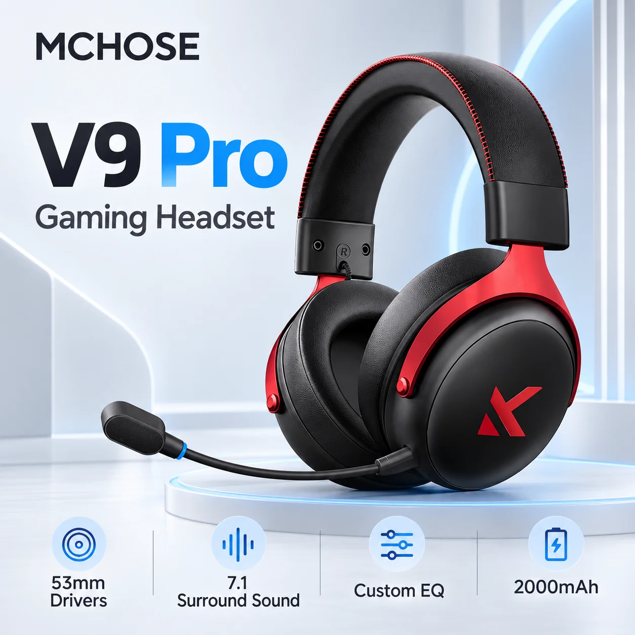 MCHOSE V9 Pro: fones de ouvido para jogos com três modos de conexão, 2.4G, Bluetooth 5.3, som surround 7.1 e microfone com cancelamento de ruído.