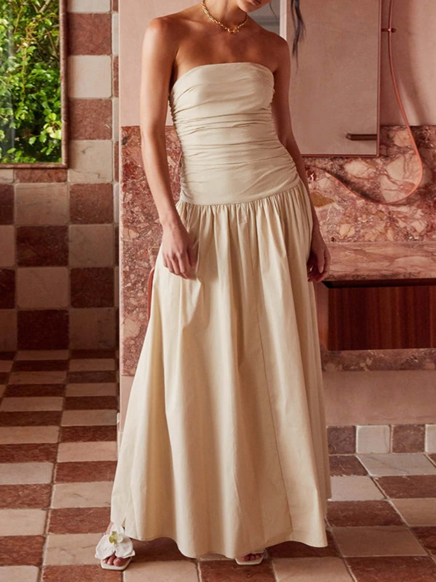 

New Fashion Women Tube Long Dress Ruched Boat Neck Backless Sleeveless Strapless Flowy Dresses Club Street Style S M L