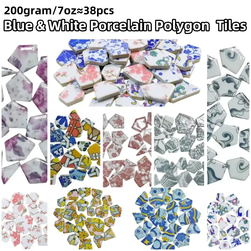 200gram/7oz(Apporx. 38pcs) Blue and White Porcelain Polygon Mosaic Tiles Multi Type Ceramic Irregular Tile 3~6cm/1.2~2.4in Size