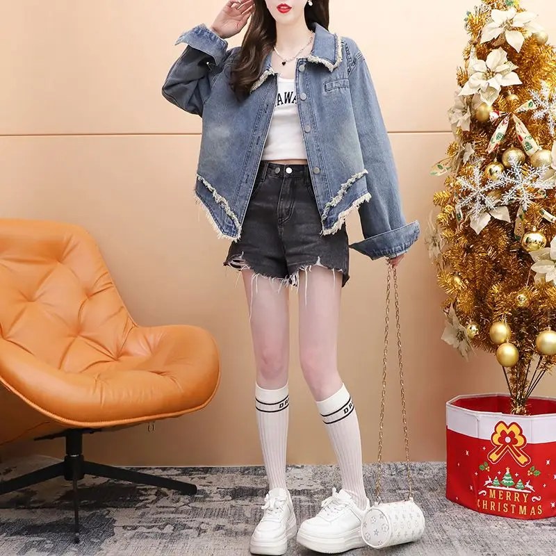 Fashion Tassel Spliced Denim Coats Female Clothing Casual Single-breasted Spring Autumn Lapel Korean Loose Long Sleeve Jackets