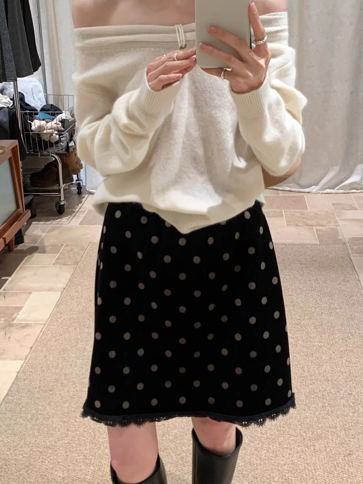 

Корейская женская юбка А-силуэта с флисовой подкладкой, в горошек, с кружевной отделкой, на резинке, повседневная, для работы и свиданий