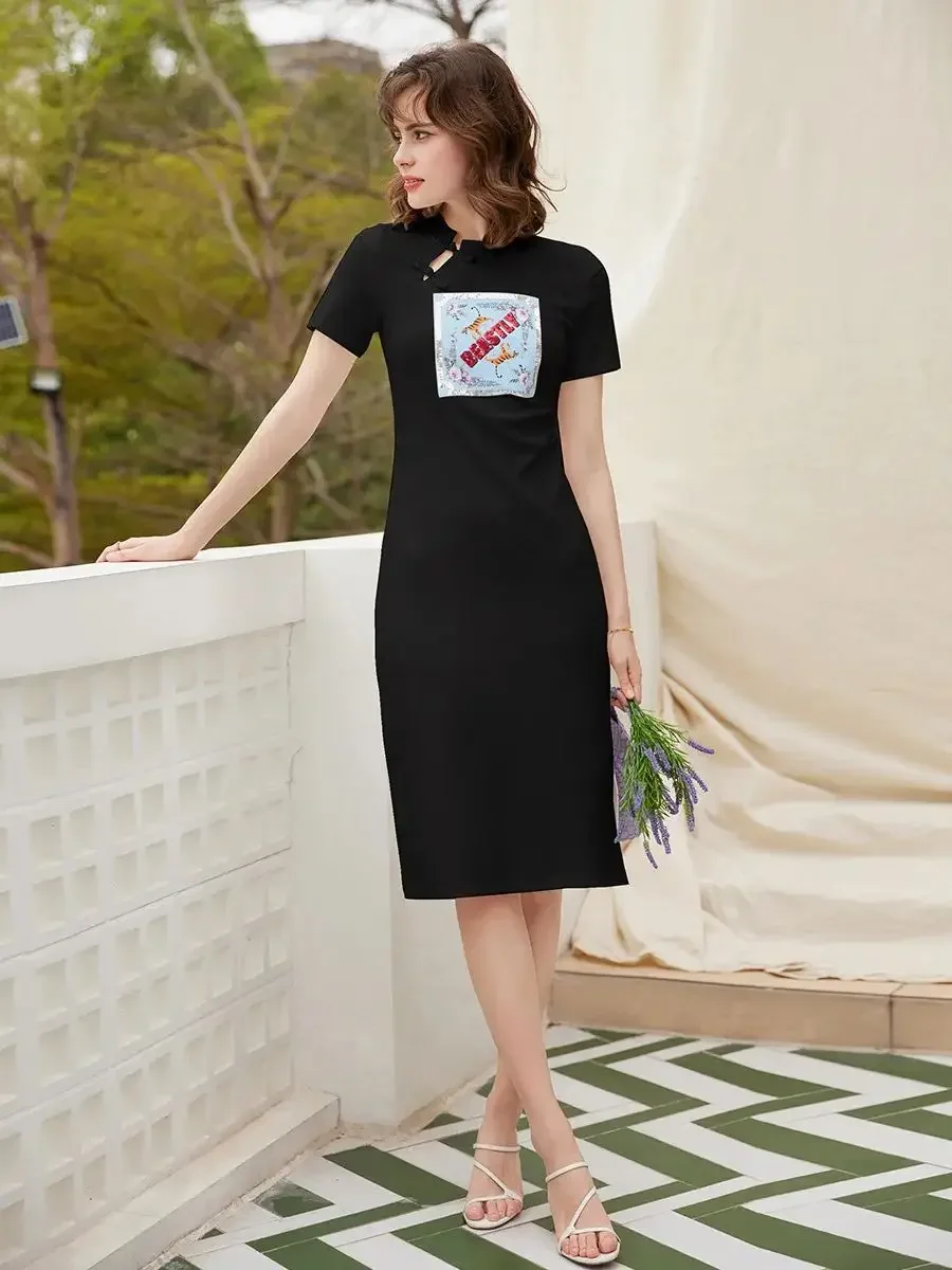 Louis Yao Frauen chinesischen Stil T-Shirt Kleid 2024 Sommer o Hals Kurzarm Print Pailletten schlank lässig langes Kleid