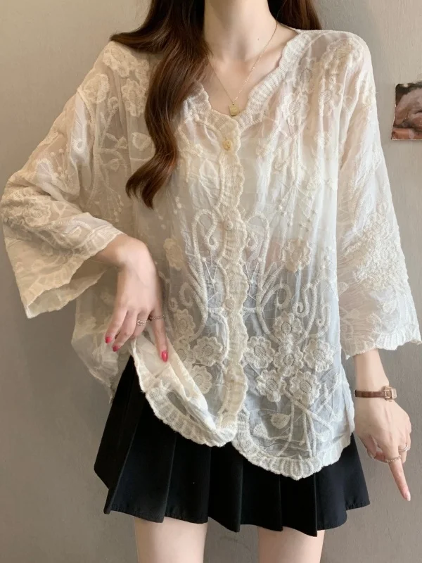 

plus Size Slimming Summer Shirt Korean Style Loose Fit Embroidered Hook Flower Wave Open Cardigan Women's Elegant Fashion