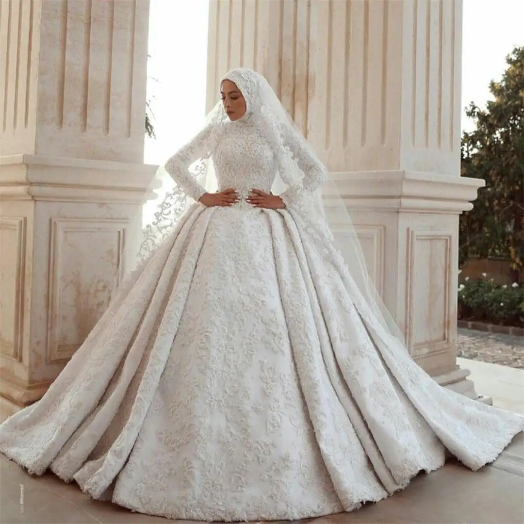 

Romantic High Neck Lace Appliques Muslim Wedding Dress Robe De Mariée Long Sleeves Elegant Cathedral Train Bridal Gowns