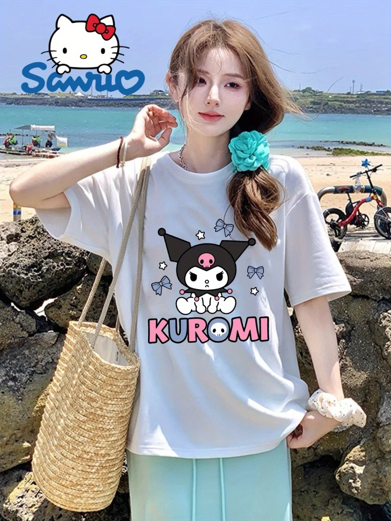 

Sanrio Official Kuromi Women's Casual Loose Short Sleeve T-shirt - Cute Cartoon Print, Loose Round Neck, Spring/Summer Top