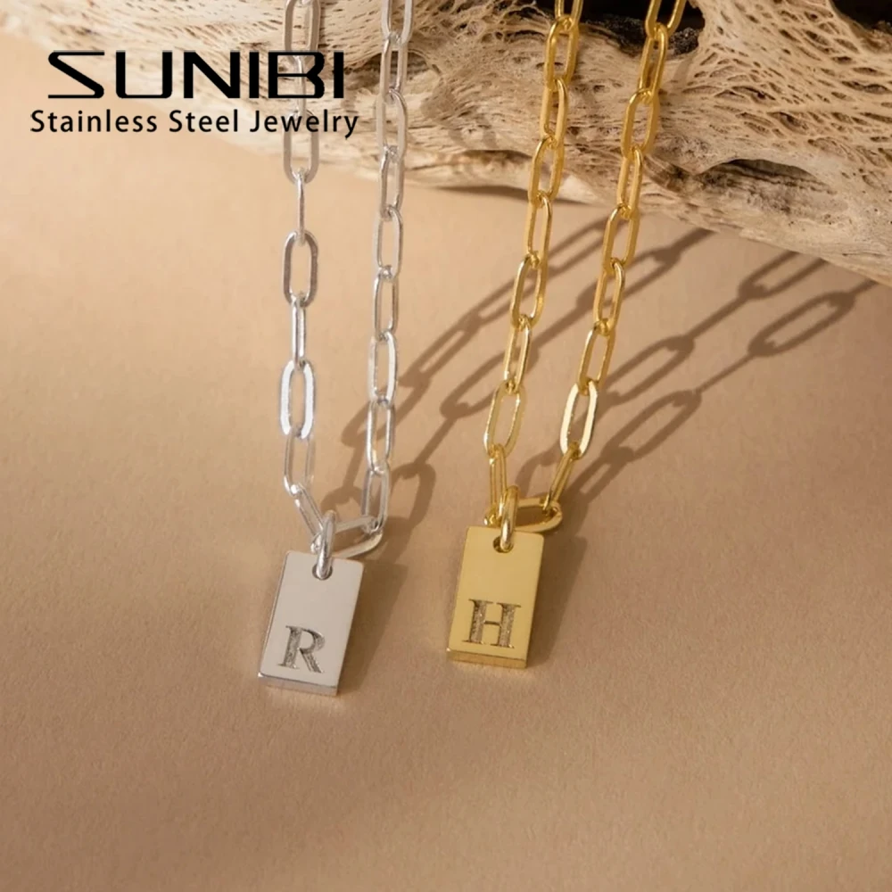 SUNIBI Fashion Unisex Women\'s Necklace Stainless Steel Gold Color 26 Initial Square Pendant Necklace for Women Jewelry Wholesale