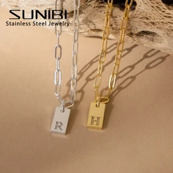 SUNIBI Fashion Unisex Women's Necklace Stainless Steel Gold Color 26 Initial Square Pendant Necklace for Women Jewelry Wholesale