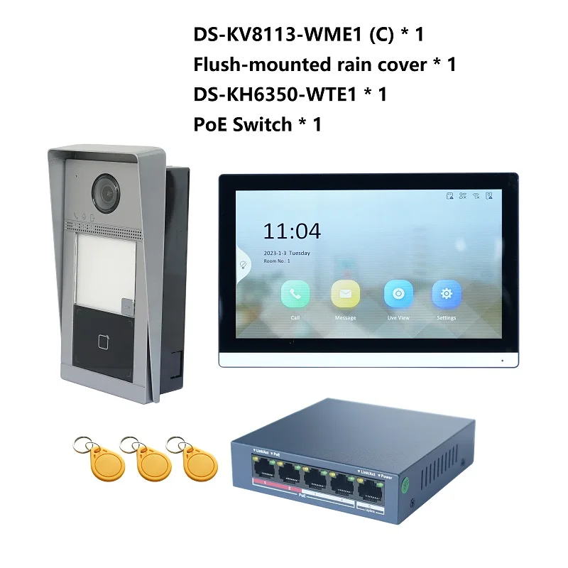 HIKVISION multi-idioma 802.3af poe vídeo porteiro kit, incluem DS-KV8113-WME1 (c) & DS-KH6350-WTE1 & poe switch