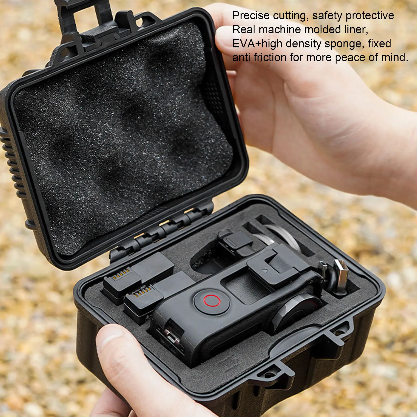 حقيبة حمل لكاميرا الحركة، إسفنجة مبطنة، داخلية مقاومة للماء، تخزين واسع، حافظة صلبة لكاميرا الحركة للأماكن الخارجية