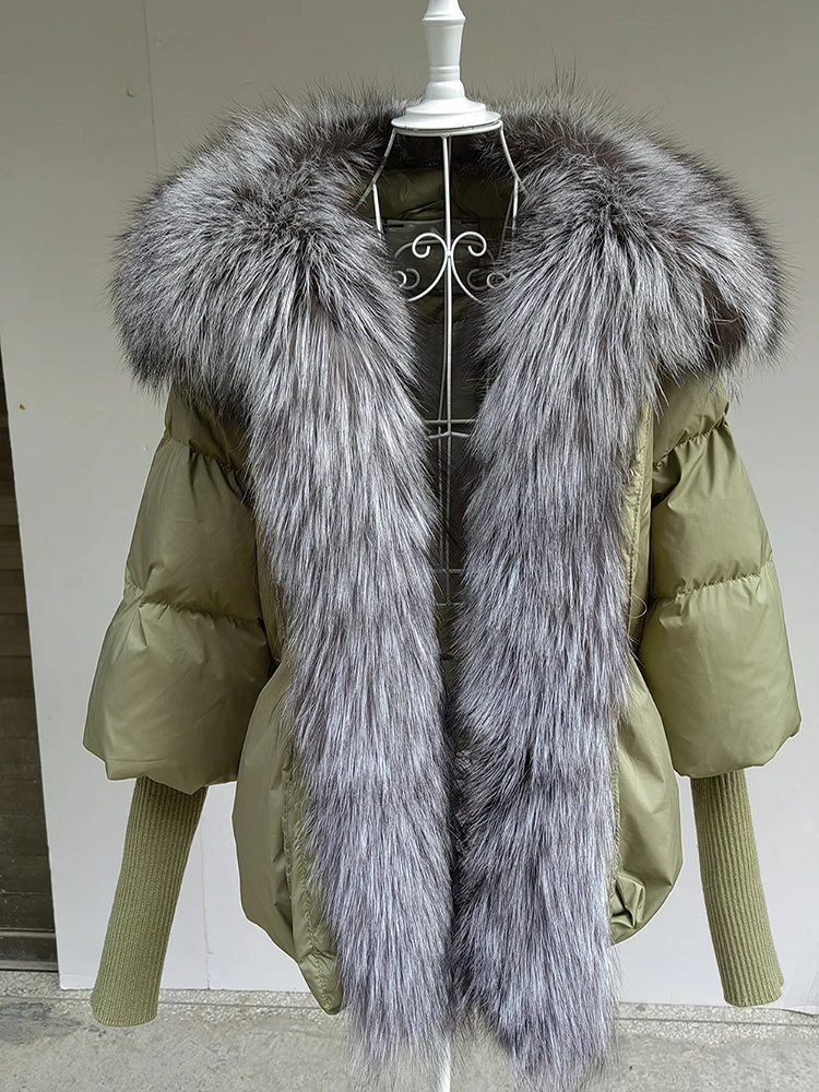 Winter Women Coat  Large Real Silver Fox Fur Collar With Knit Sleeve Fashion Outerwear White Duck Down Jacket Super