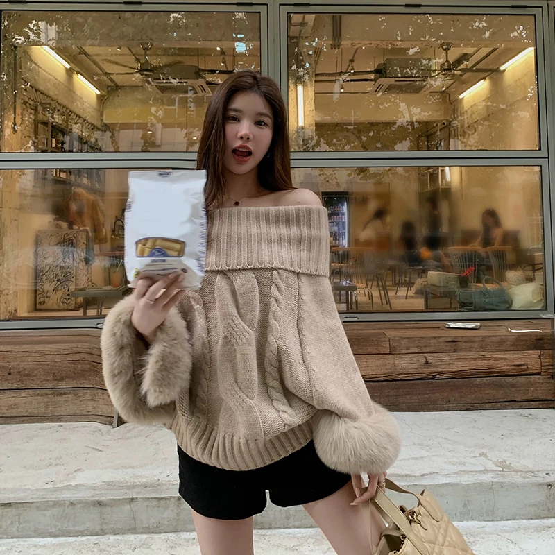

Women Knit Sweater Faux Fur Slash Neck Off Shoulder Hairy Patchwork Chic Pullovers Loose Casual Sweet Lazy Wind Female Jumpers