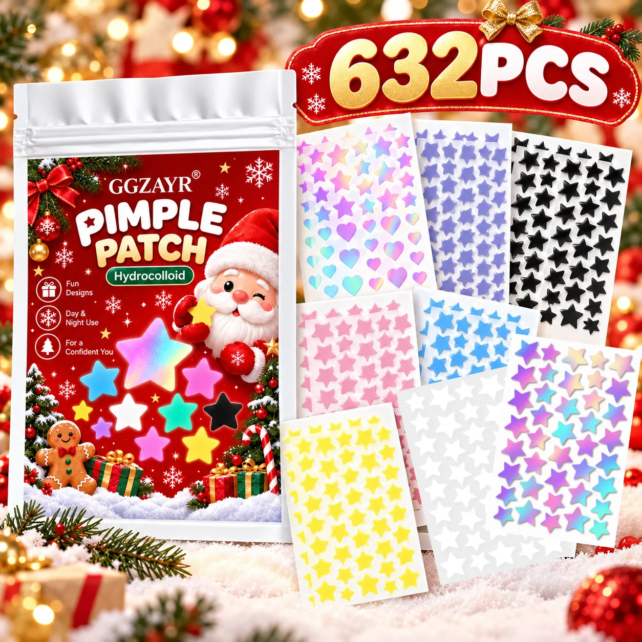 632PCS Colorful Star Pimple Patches, Mixed Color Hydrocolloid Face Spot Covers for Daily Day & Night Use