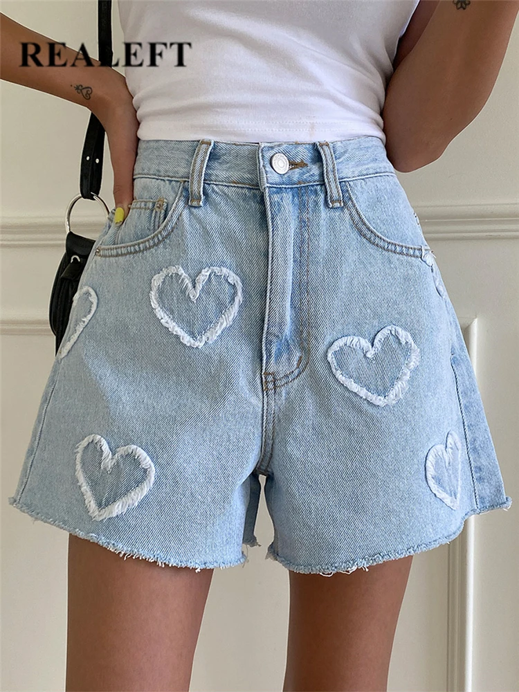 

REALEFT High Waist Washed LOVE Printed Women's Denim Shorts 2023 New Spring Summer Casual Jeans Chic Straight Pants Female