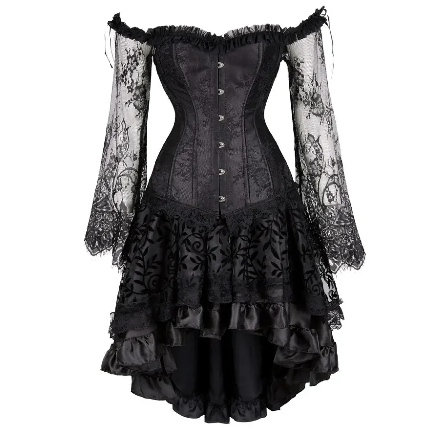 Women Sexy Embroidery Floral Off-Shoulder Lace Sleeves Corset Top Burlesque Bustier Lingerie Vintage Gothic Skirt Asymmetrical