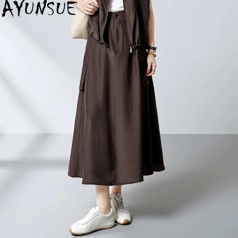 AYUNSUE 100% Silk Skirts for Women Fashion Solid Cargo Style Women's Skirts Versatile A-line Summer Skirt Woman Clothes Юбка