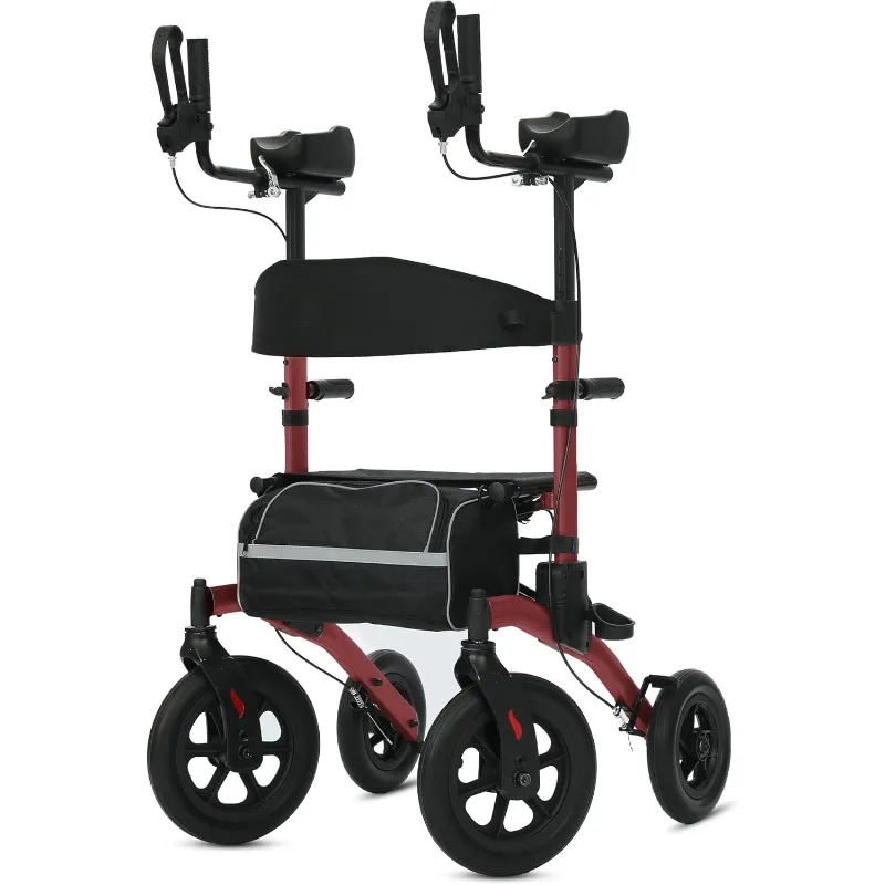 All-Terrain Upright Rollator Walker, Stand up Rolling Walker,12”Non-Pneumatic Tire Wheels,Compact Folding Design for Seniors,Red