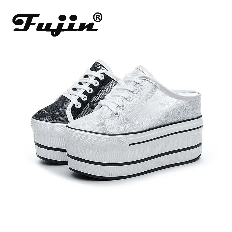 Fujin 10.5cm Platform Wedge Mesh White Shoes Slippers Women Summer Slippers Women Fashion Sneakers Mules Shoes Slip On Sandals