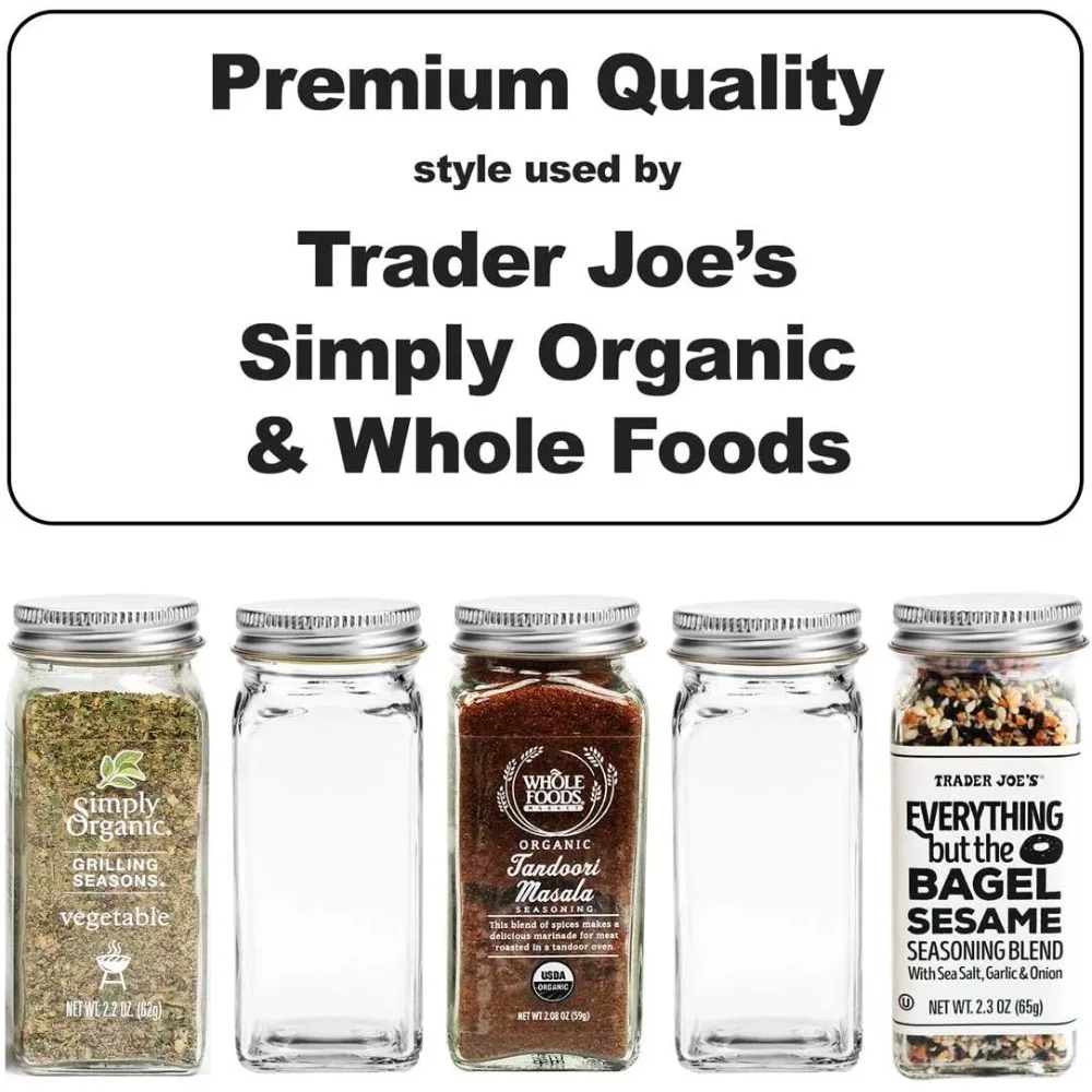 

Premium Spice Jar Set -12 Square Glass 4 oz Spice Bottles, 72 Deluxe Labels, 12 Shaker Tops, Quality Silver Steel Caps