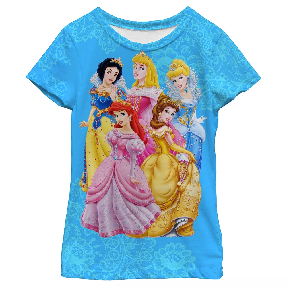 Nueva camiseta con estampado de sirena de princesa Ariel, camiseta informal de verano Harajuku para niñas, camiseta de Disney con estampado de princesa de pelo largo para niñas