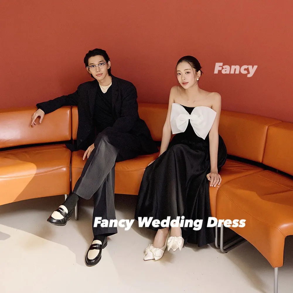 Fancy Simple Bow Korea Strapless Wedding Dress Photography A Line Soft Satin Bridal Gown Back Corset Customized