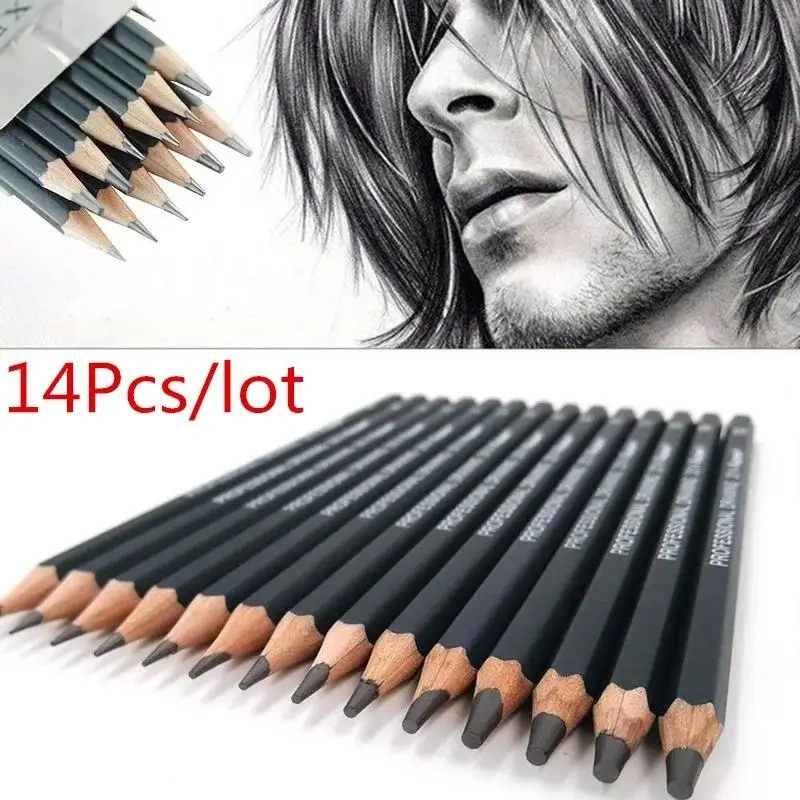 14 unids/set nuevo lápiz de dibujo de boceto suministros de arte profesional de madera lápices de carbón para bocetos duros/medianos/suaves juego de lápices de dibujo