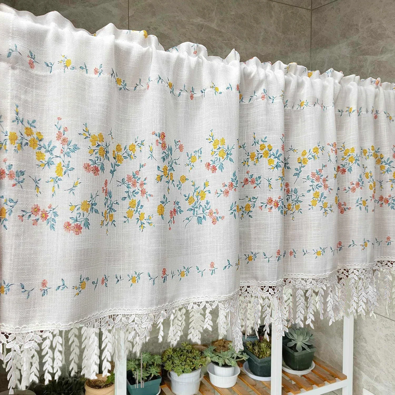 Elegant Field Flower Pleated Short Sheer Tulle Half  Windows Curtain,for Kitchen,Girls,Children,Bedroom,Modern Home Decoration