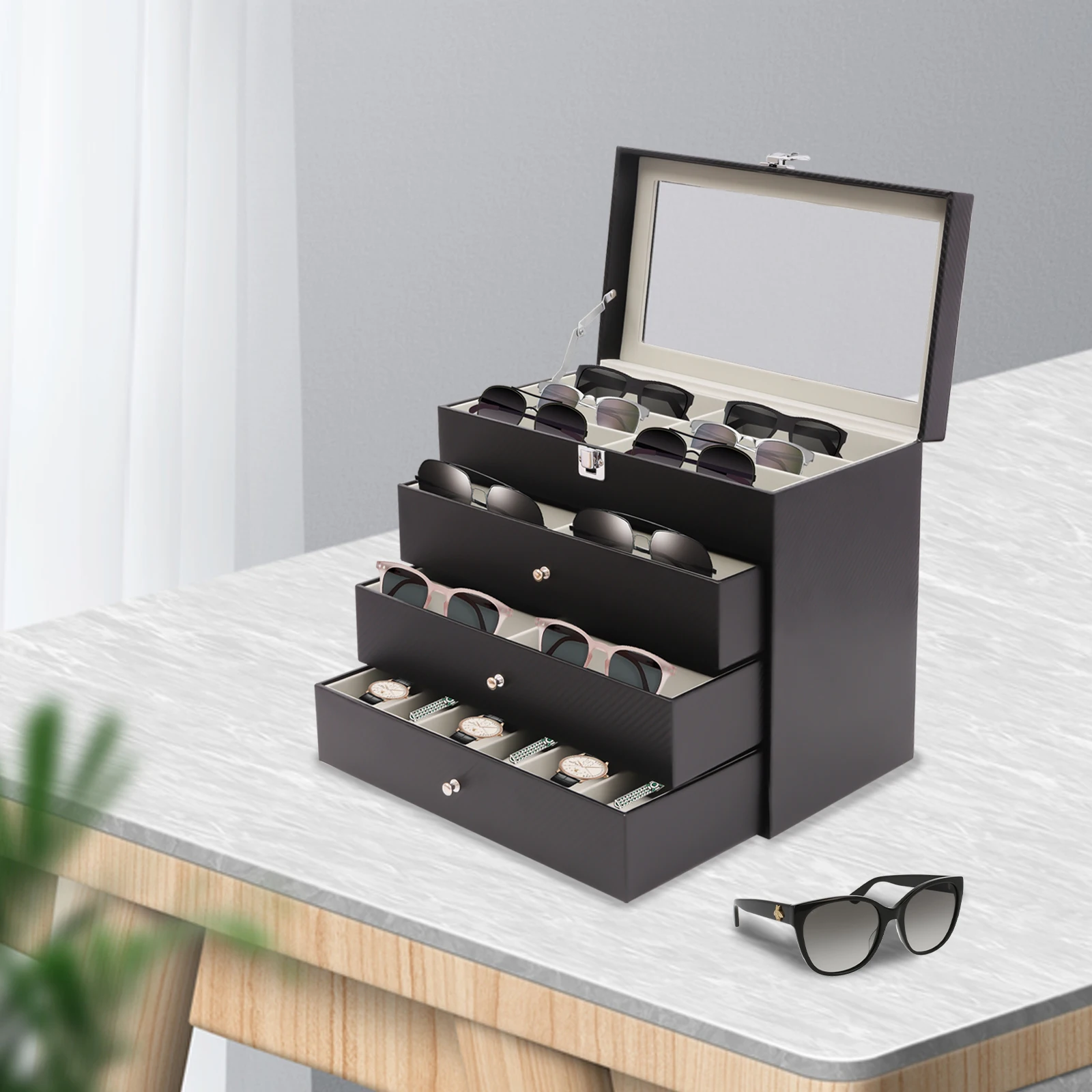 27-Grids Eyeglass Sunglasses Glasses Storage Display Box Holder Organizer Case Carbon Fiber