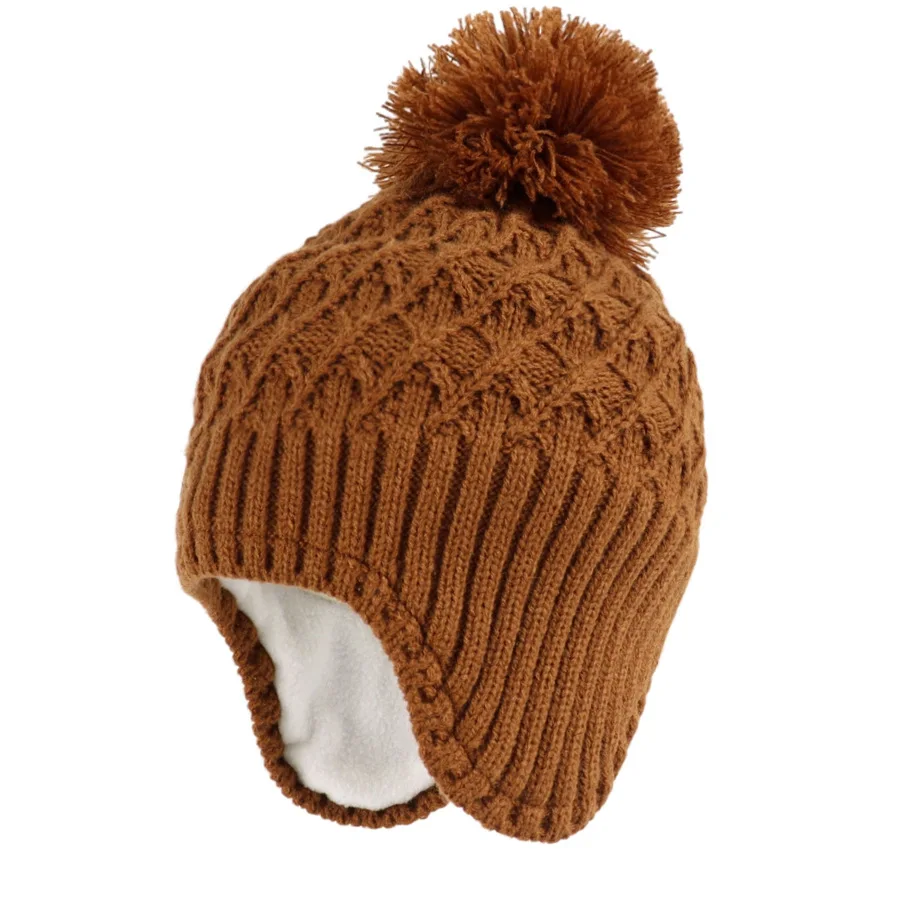 

Earflap Hat Kid Winter Beanie Pompom Boy Girl Acrylic Knit Fleece Lining Warm Accessory For Autumn Outdoor Cold Weather