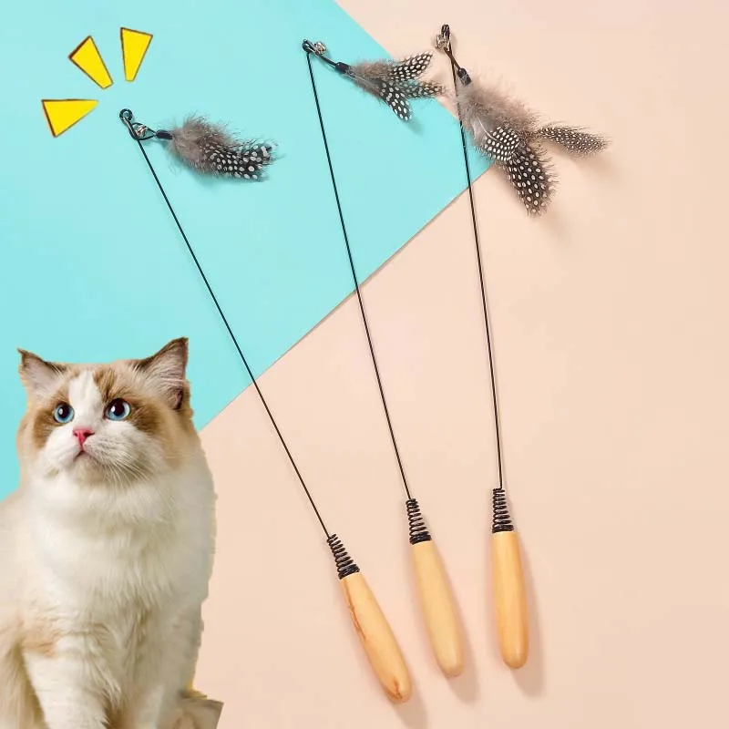 Palo de rompecabezas para gatos, juguete de pluma, divertido palo de gatito de primavera, varillas para gatos, caña de pescar de simulación, campana, suministros de juguetes para gatos chirriantes