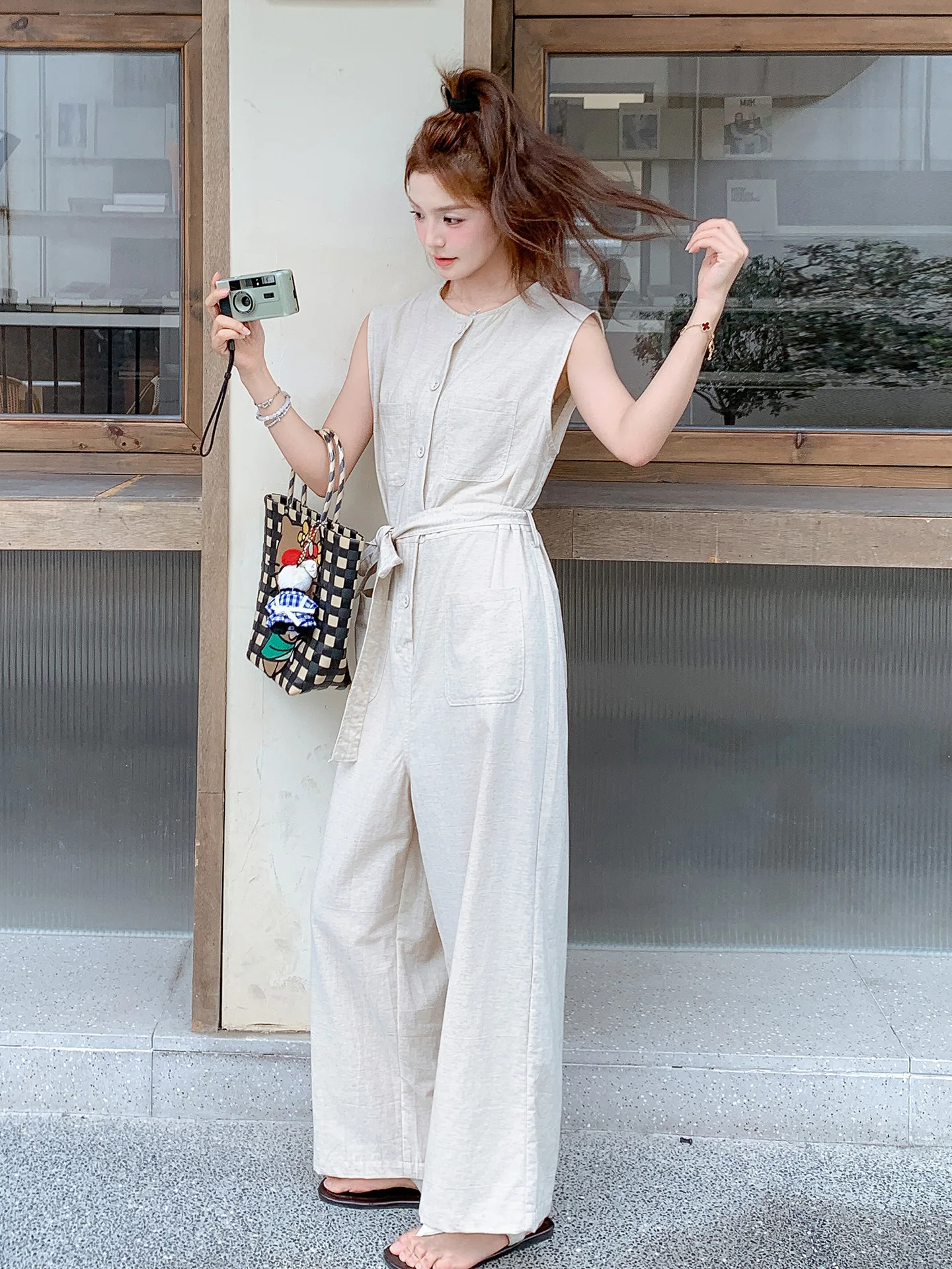 Beige Retro Workwear Jumpsuit Set Women's Summer 2026 New Korean High Waist Slim Wide Leg Pants Jumpsuit High Waist Polyester...