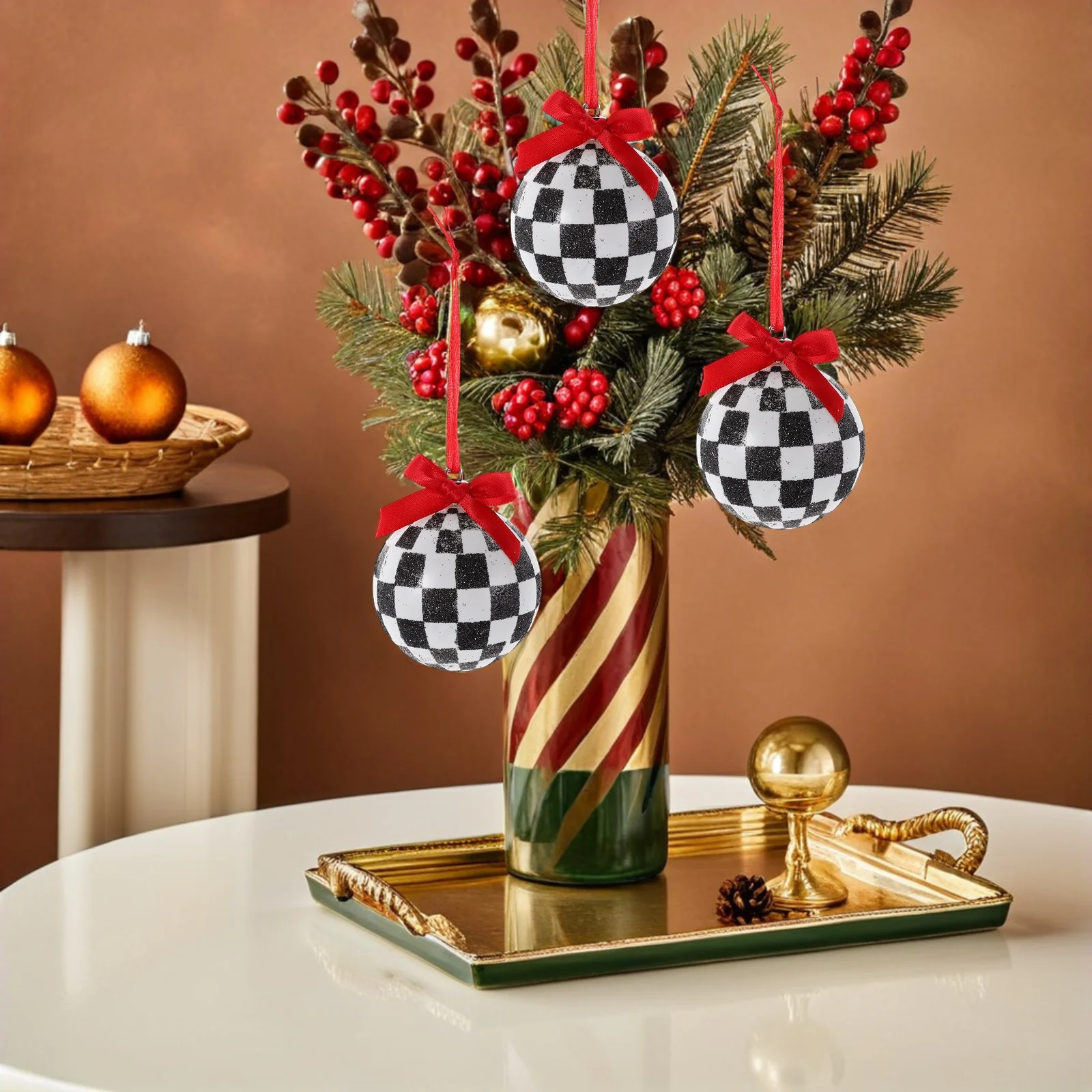 

12Pcs Christmas Tree Baubles Black White Checkered 6cm Electroplated Handpainted Glossy Hanging Ornaments Holiday Decor