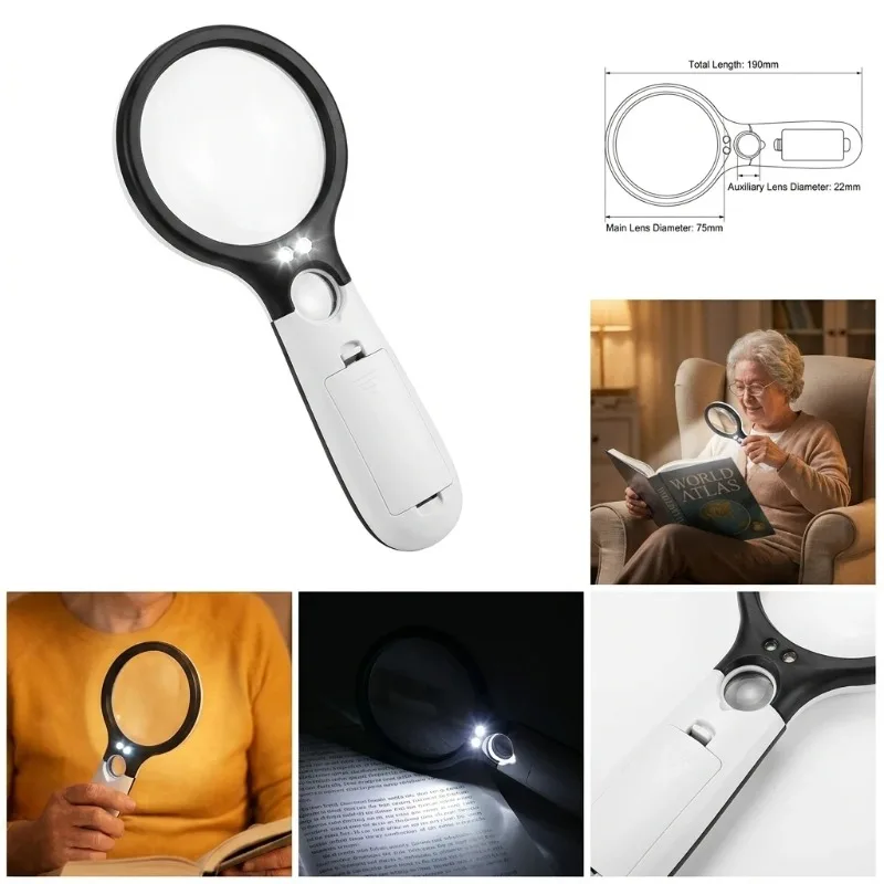 White Handheld Magnifying Glass Magnifier with 3 LED Lights for Reading Jewelry Inspection Close-Up Loupe