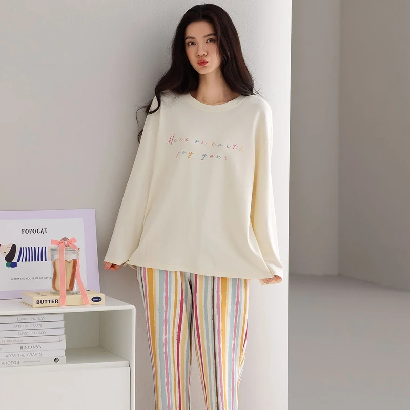 

2026 Spring Long Sleeve 100% Cotton Pajama Sets for Women Korean Loose Sleepwear Suit Pyjama Homewear Pijama Mujer Home Clothes