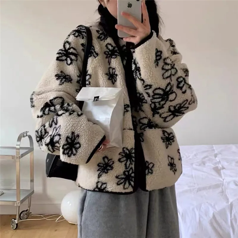 Korea Chic Winter Retro Stand Collar Coat Parka Two Wear Women Beige Coffee Flower Loose Casual Fleece Warm Furry Windbreaker