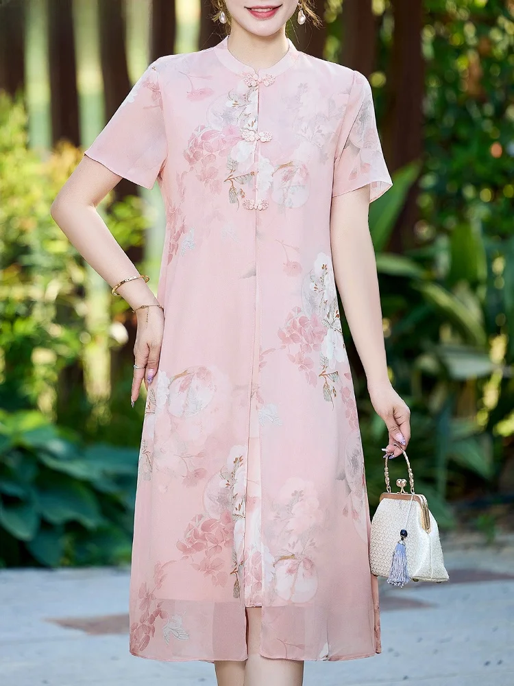 

Новая китайская летняя модная юбка миди с коротким рукавом для женщин среднего и старшего возраста, из смесового полиэстера