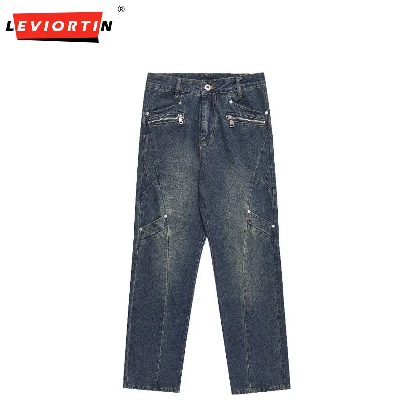 Zipper Decoration Jeans Mens Patchwork Pocket Washed Distressed Casual Streetwear Wide Leg Denim Pants Men