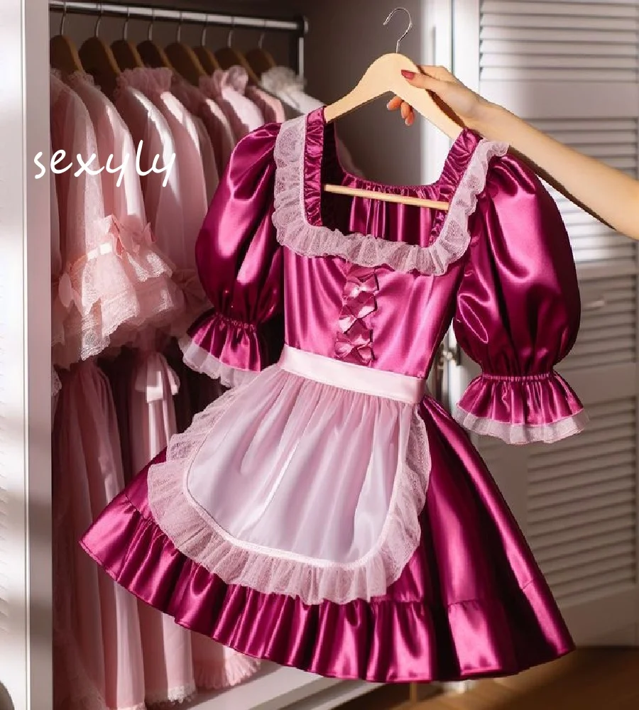 

Maid Style Short Prom Dress With Apron Squre Neck Short Sleeve Satin Evening Dress Lace Ladies Cocktail Cosplay Party Wear 2025