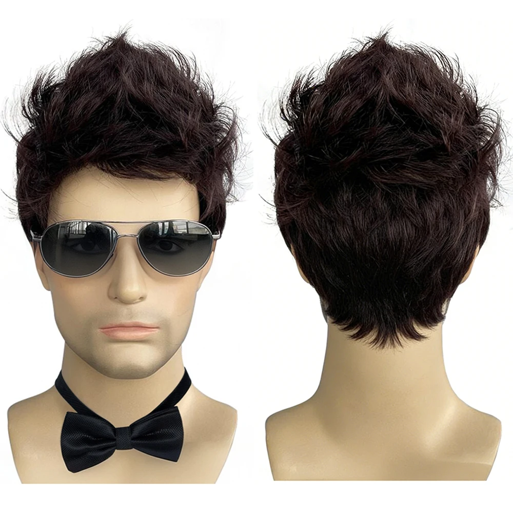 Men Short Curly Wig Dark Brown Natural Looking Fluffy Textured Heat Resistant Synthetic Hair For Daily Cosplay Halloween Party