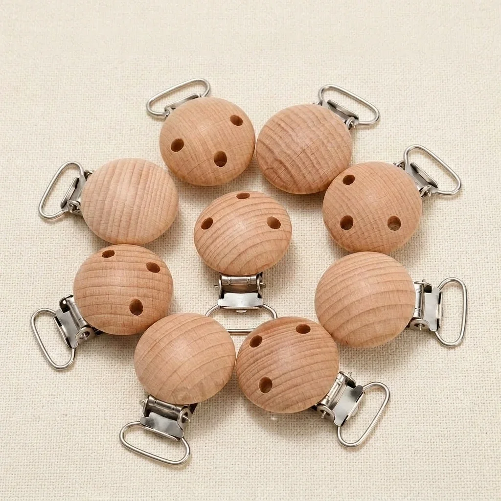 10Pcs Metal Wooden Dummy Nipples Holder Food Grade Chewable Teething Clips DIY Wood Beech Baby Pacifier Chain Nursing Teether
