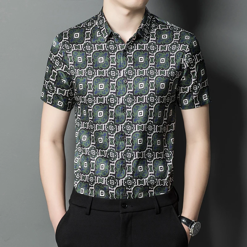 

HT8602 High-End Silk Shirts For Men Short Sleeve Lightweight Icy Summer Quality Smooth Comfortable Lapel Print Camisas De Hombre