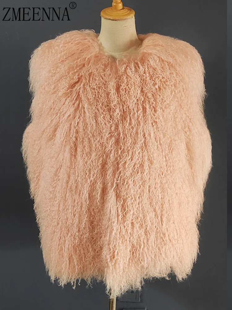 

ZMEENNA женский розовый лохматый жилет с ягненком, пальто без рукавов с вьющимися волосами, меховая куртка, зимняя теплая верхняя одежда для вечеринки ZM4574