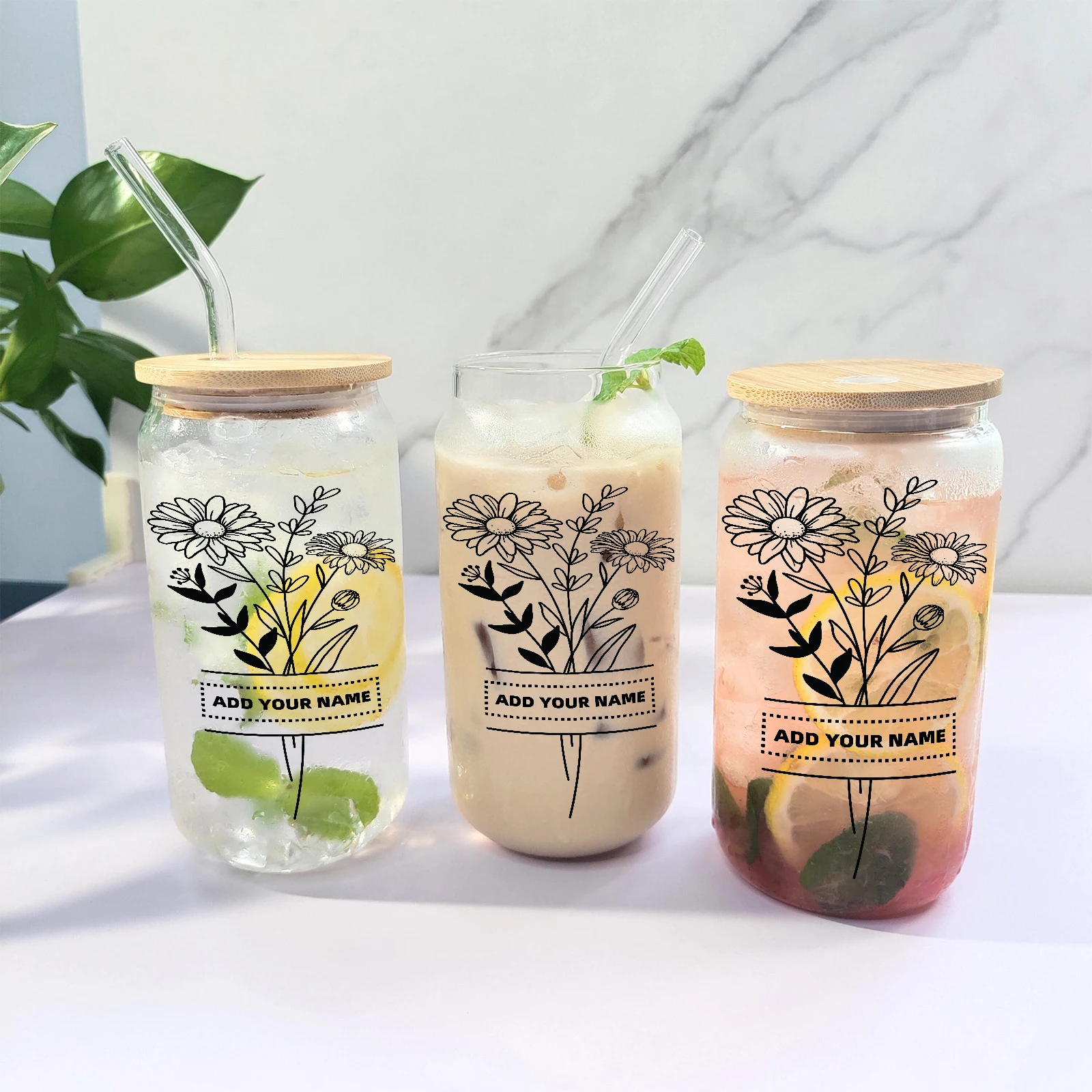 

16oz Customized Name Transparent Glass Cups with Straw Lid 3D Print Flowers Milk Coffee Tumbler Party Family Casual Water Bottle