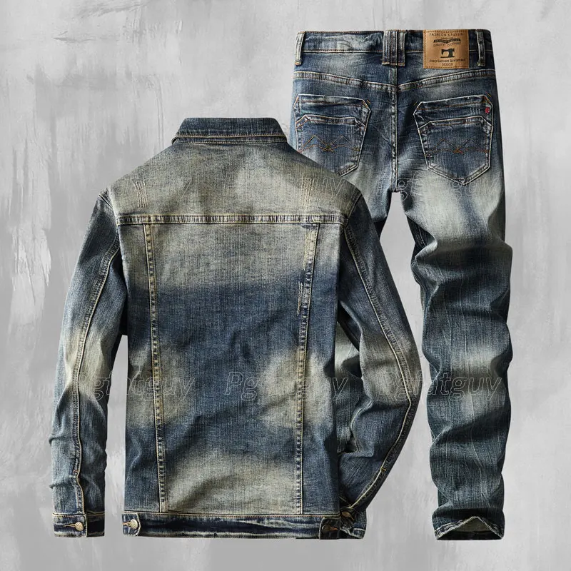 Classic Simple Men's Jeans Suit Retro Blue Denim Jacket and Pants 2-Piece Set Autumn Winter American Style Slim Fit Streetwear