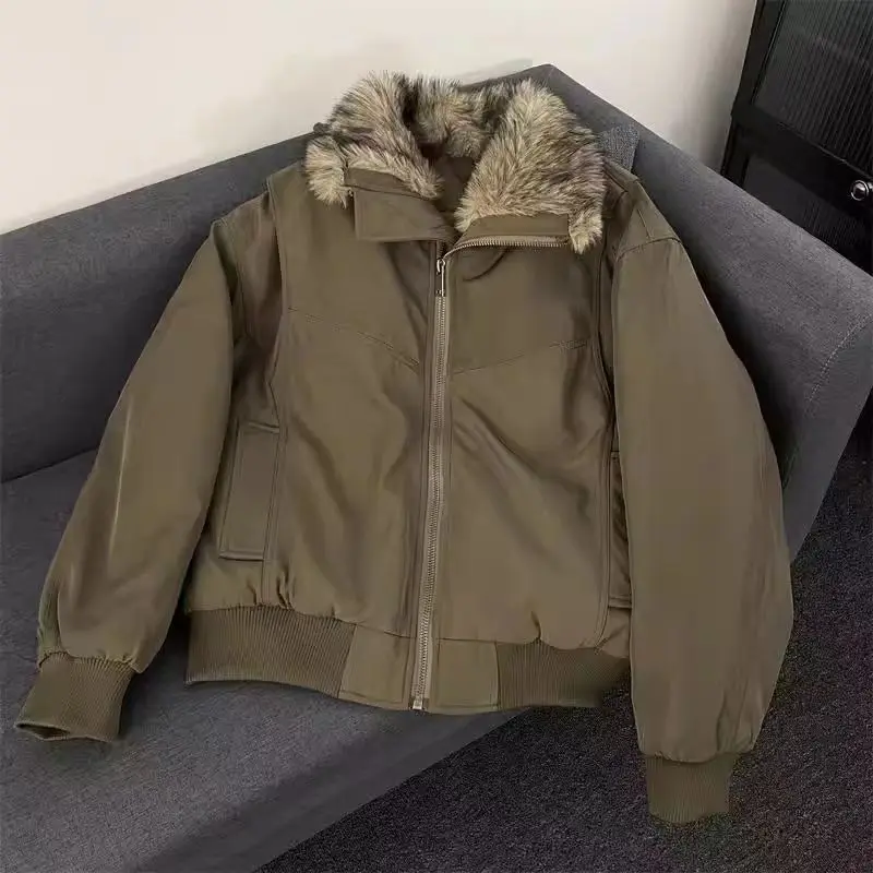 Vintage Winter Fur Collar Cotton Coat Thick Warm High-end Cotton Padded Jacket Streetwear Long Sleeves Short Top Trendy Coats