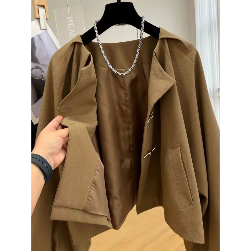 

Lantern Sleeve Coat Women's Bat Shirt Round Neck Short Coat Loose Windbreaker Jacket