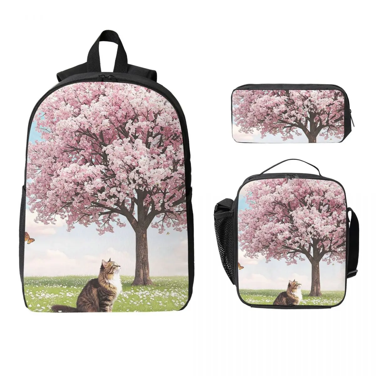 

The Cute Cats Pink Cherry Blossom Cartoon Backpack Student Boys Girls BookBag School Bag 3ps Insulated Lunch Bag Pencil Case